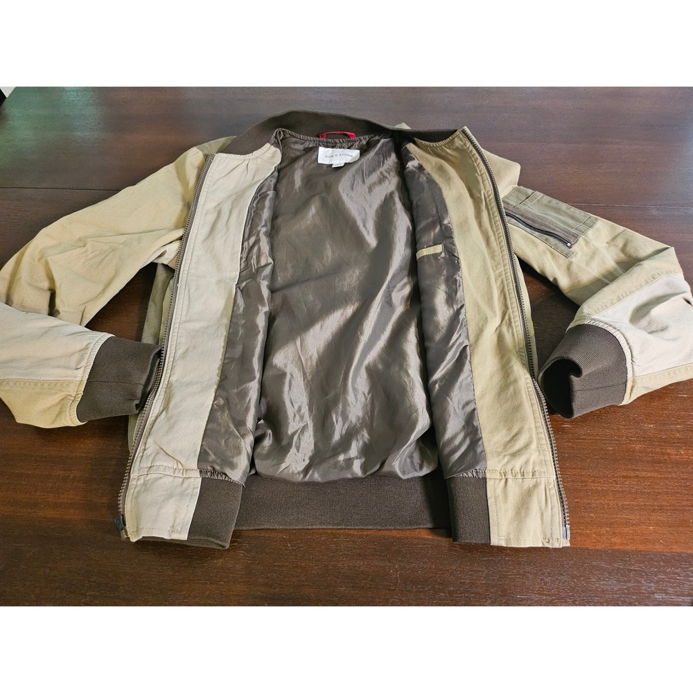 Sun + Stone Bomber Jacket Mens Small Green Tan Colorblock Utility Full Zip - Picture 6 of 10